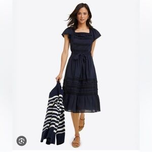 Draper James Tie Waist Peasant Dress in Navy Embroidered Stripe